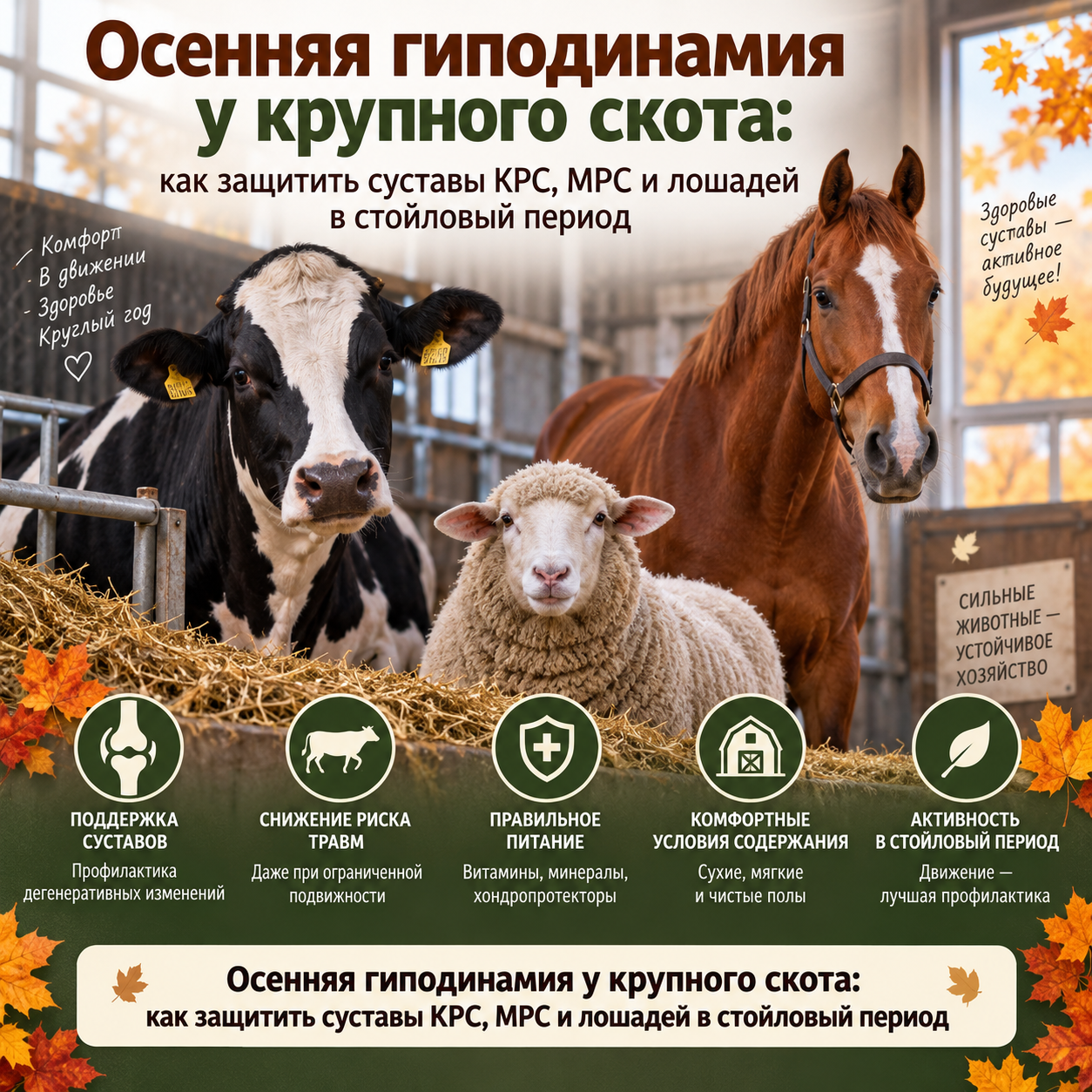 Осенняя гиподинамия у крупного скота: как защитить суставы КРС, МРС и лошадей в стойловый период